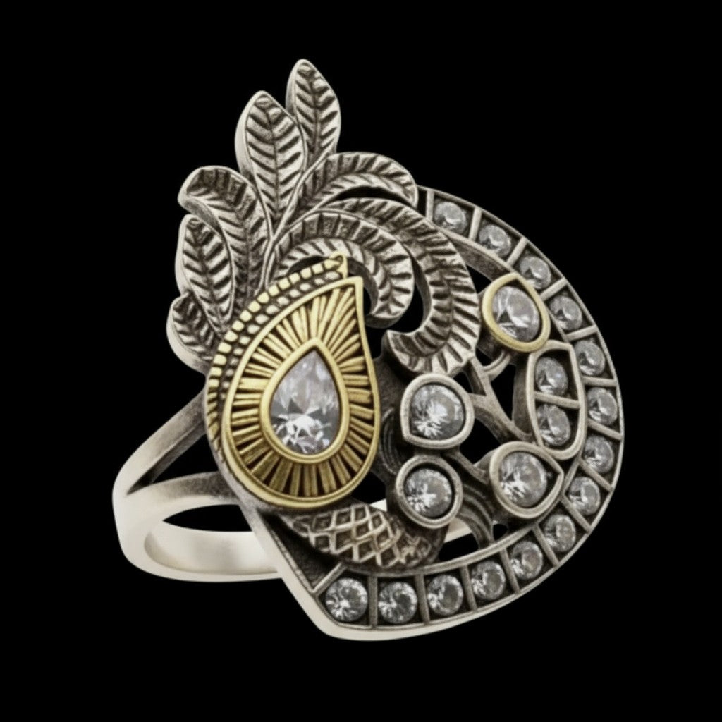 809630 Oxidised Adjustable Ring With 2 Tone Plating-White