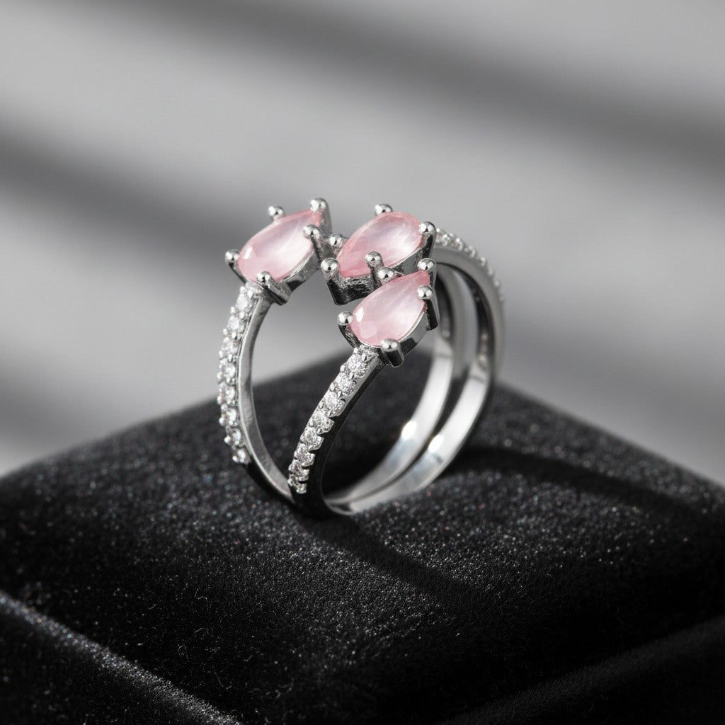437886 Cubic Zirconia Adjustable Ring With Rhodium Plating-Pink