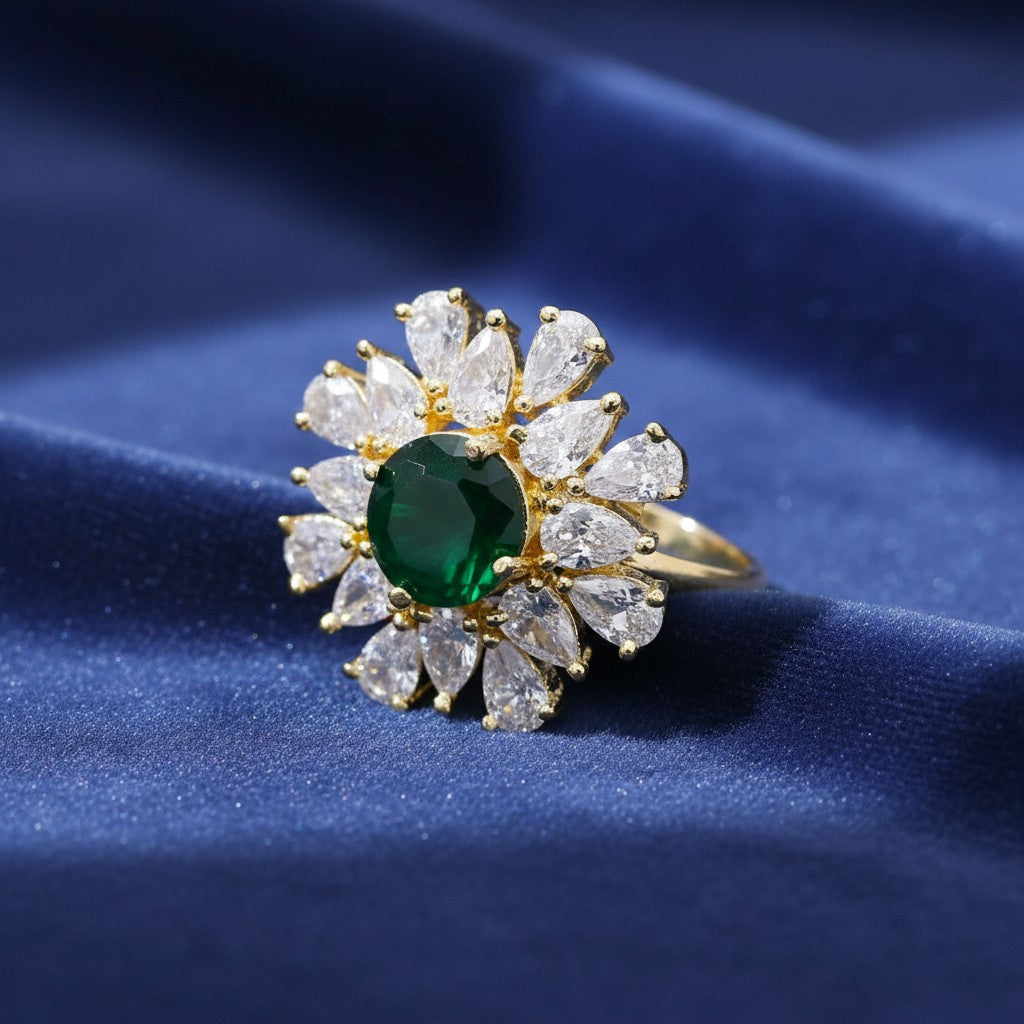 438613 Cz Adjustable Ring With Gold Plating-Green