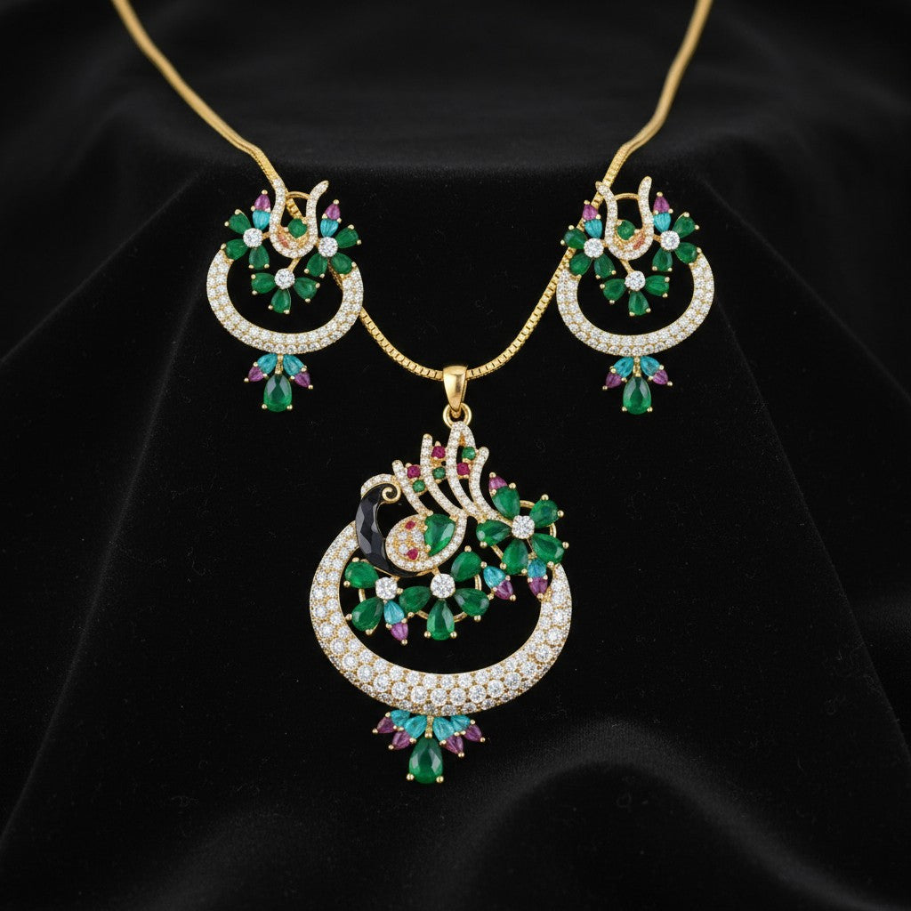 97659-PS-American Diamond Delicate Pendant Set With Gold Plating with Meenakari Green - Ruby