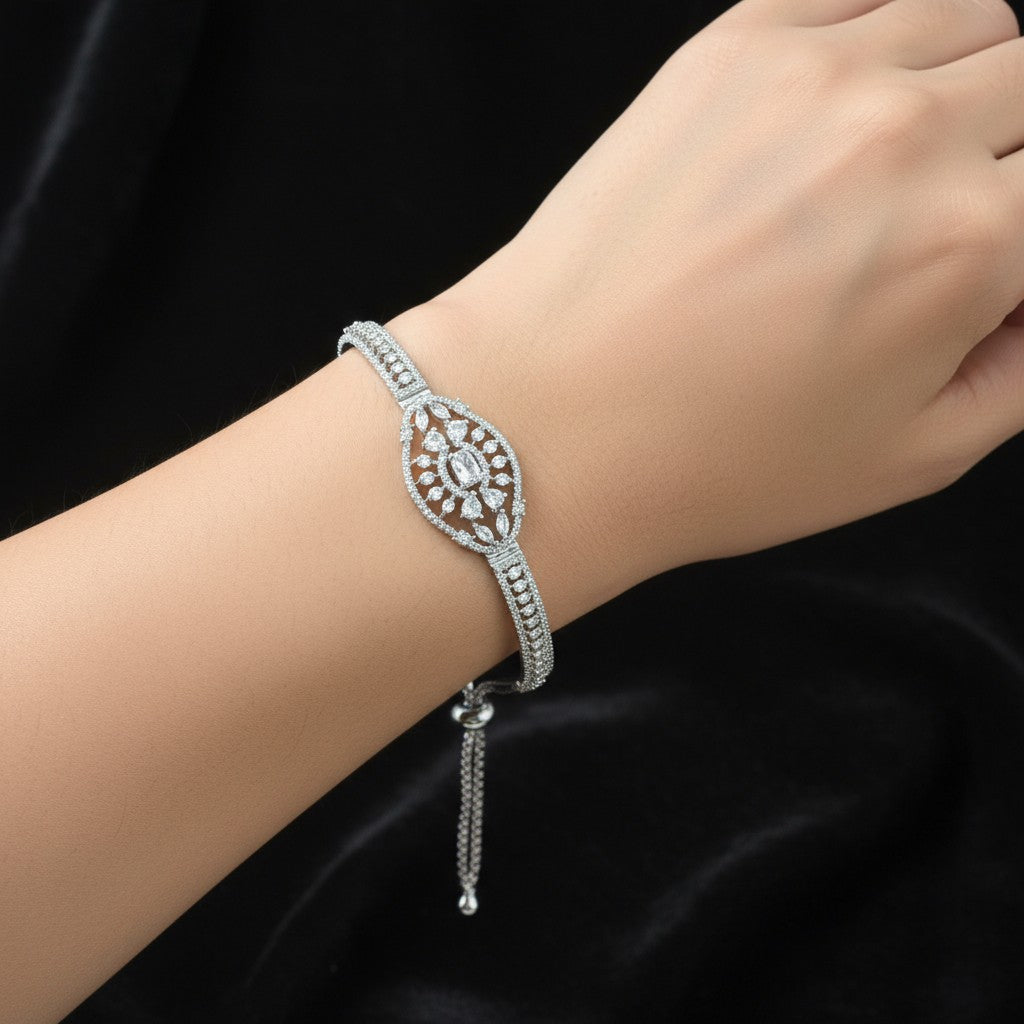 439753 Cubic Zirconia Adjustable Bracelet With Rhodium 2 Tone Plating-Silver