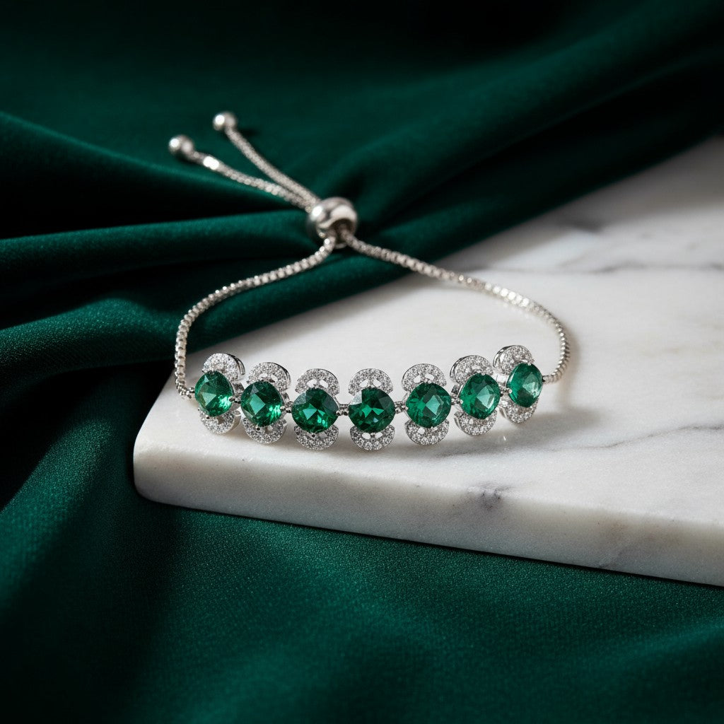 437731 Cubic Zirconia Adjustable Bracelet With Rhodium Plating-Green