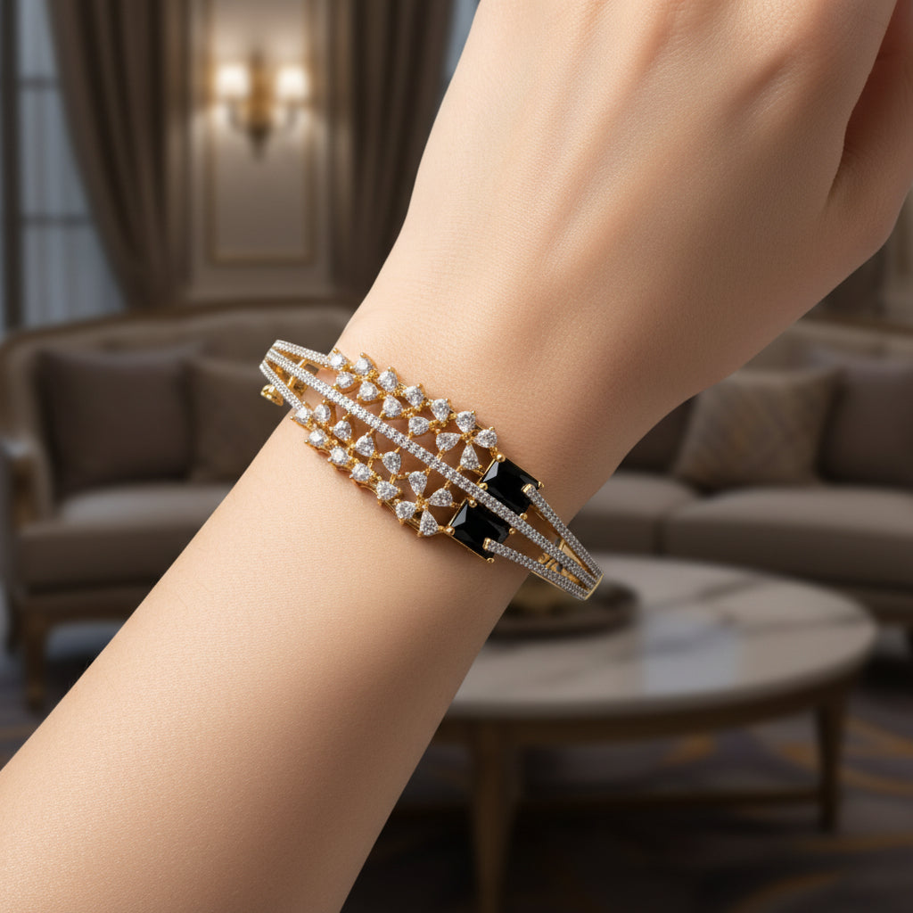 1419-Pretty Precious American Diamond Openable Kada Bracelet for Women, Gold & Silver Plating, Cubic Zirconia, One Size, Party & Wedding-Black