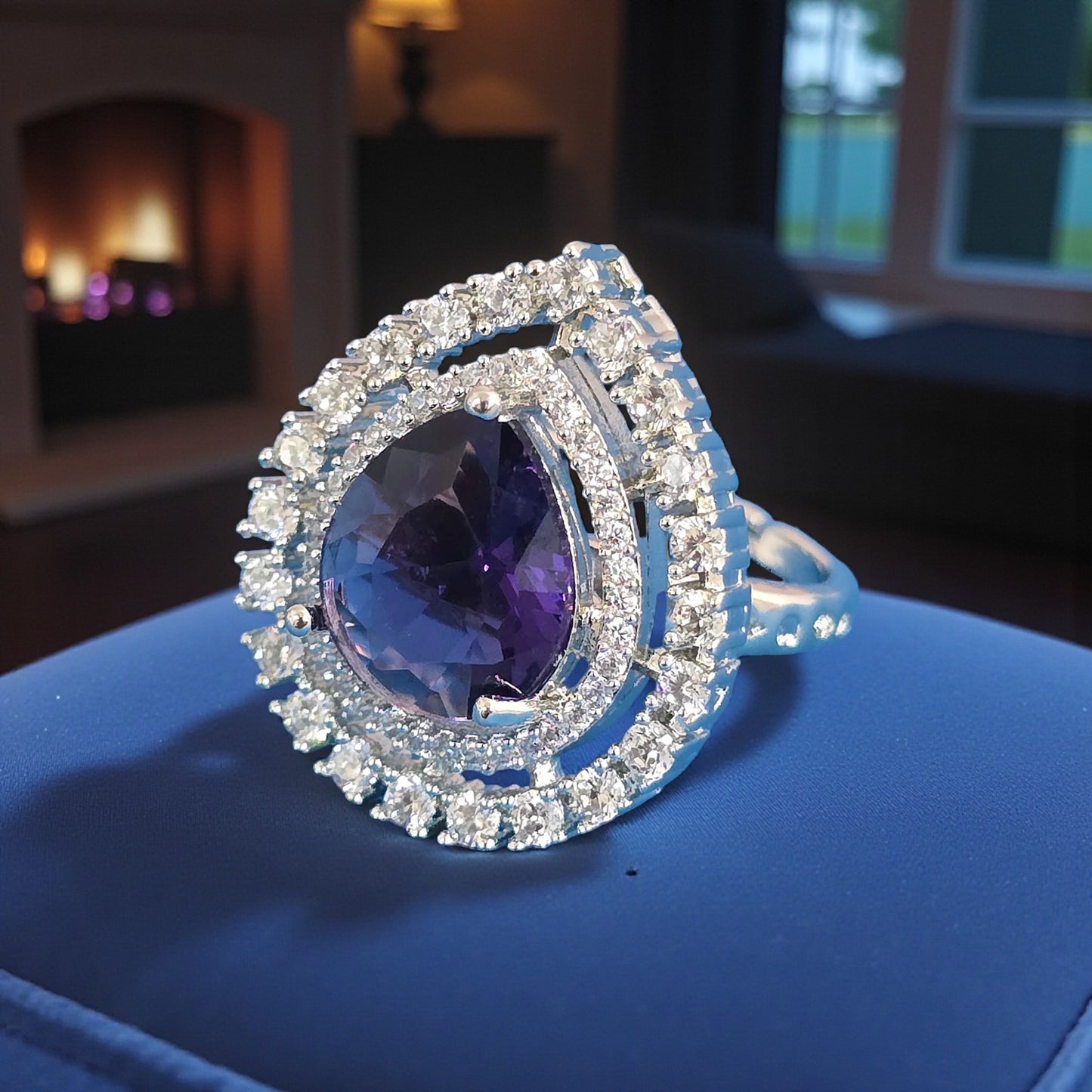 439312 Cz Adjustable Ring With Rhodium Plating-Blue