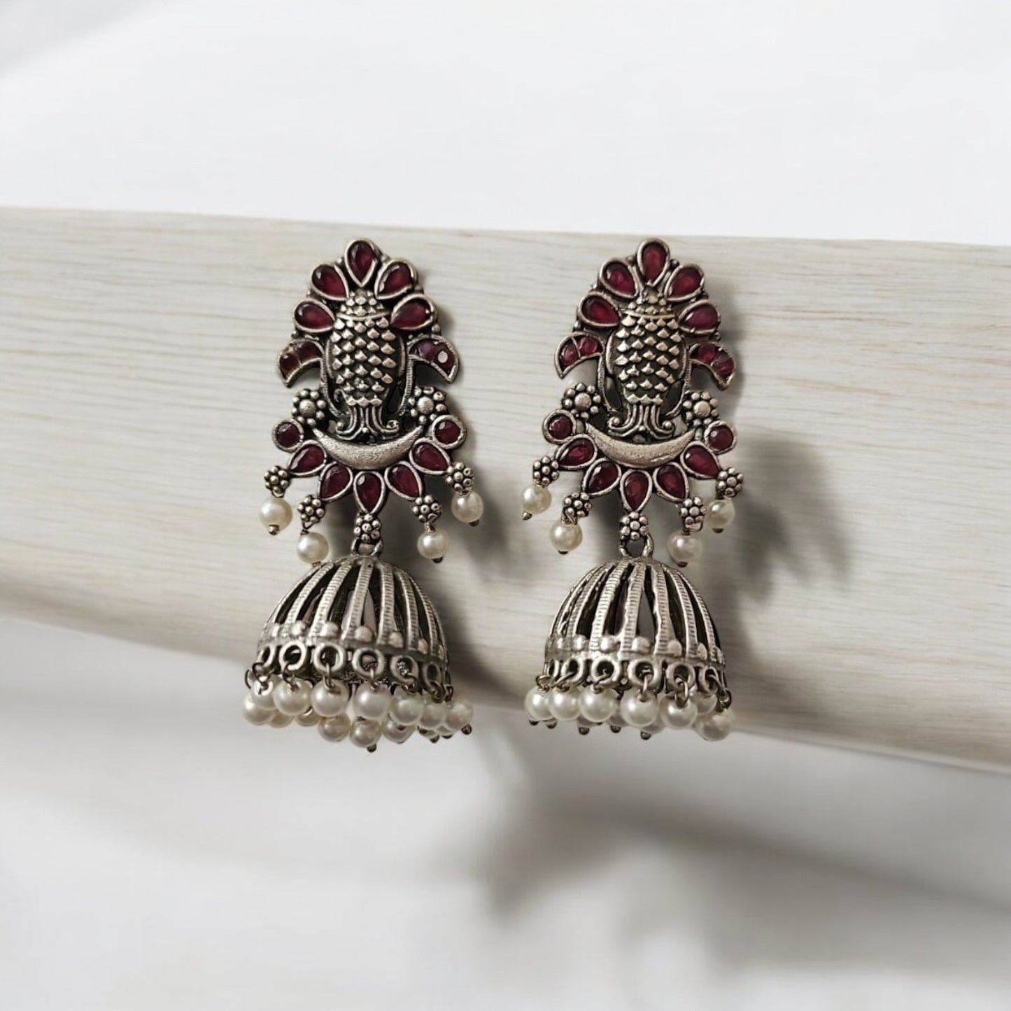804974 Pretty Precious Fashion Oxidised Silver Stylish Party Wear Earrings for Women and Girls-Ruby