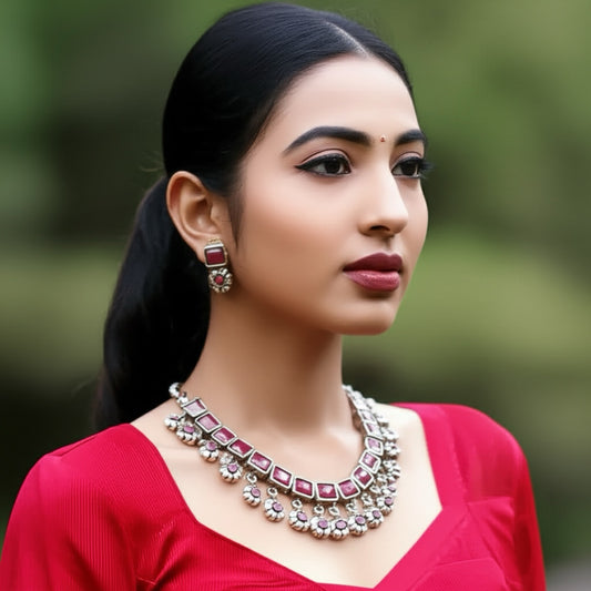 94999-NSO Classic Necklace With Oxidised Plating-Ruby