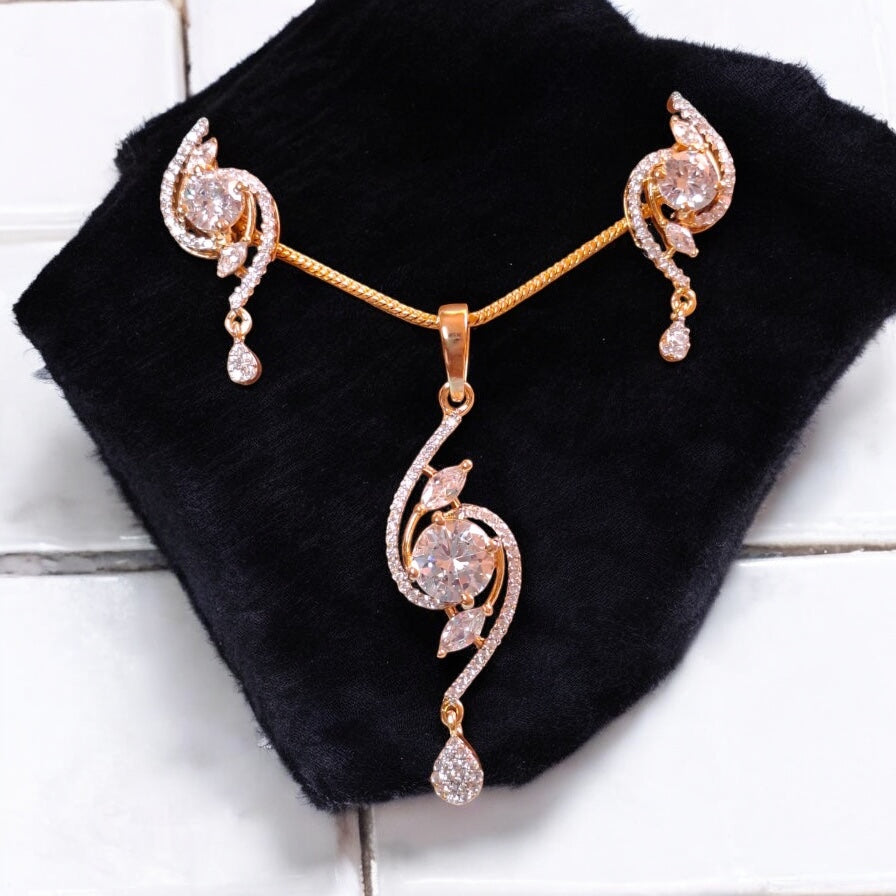 93159-PS-American Diamond Delicate Pendant Set With Gold Plating-White