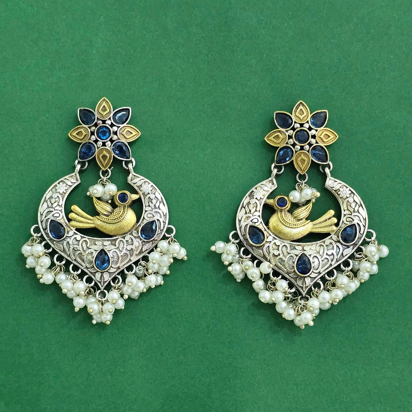 809597 Oxidised Classic Earring With 2 Tone Plating-Blue