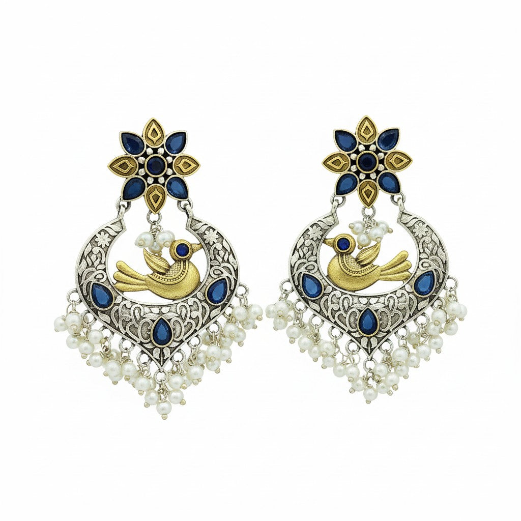 809597 Oxidised Classic Earring With 2 Tone Plating-Blue