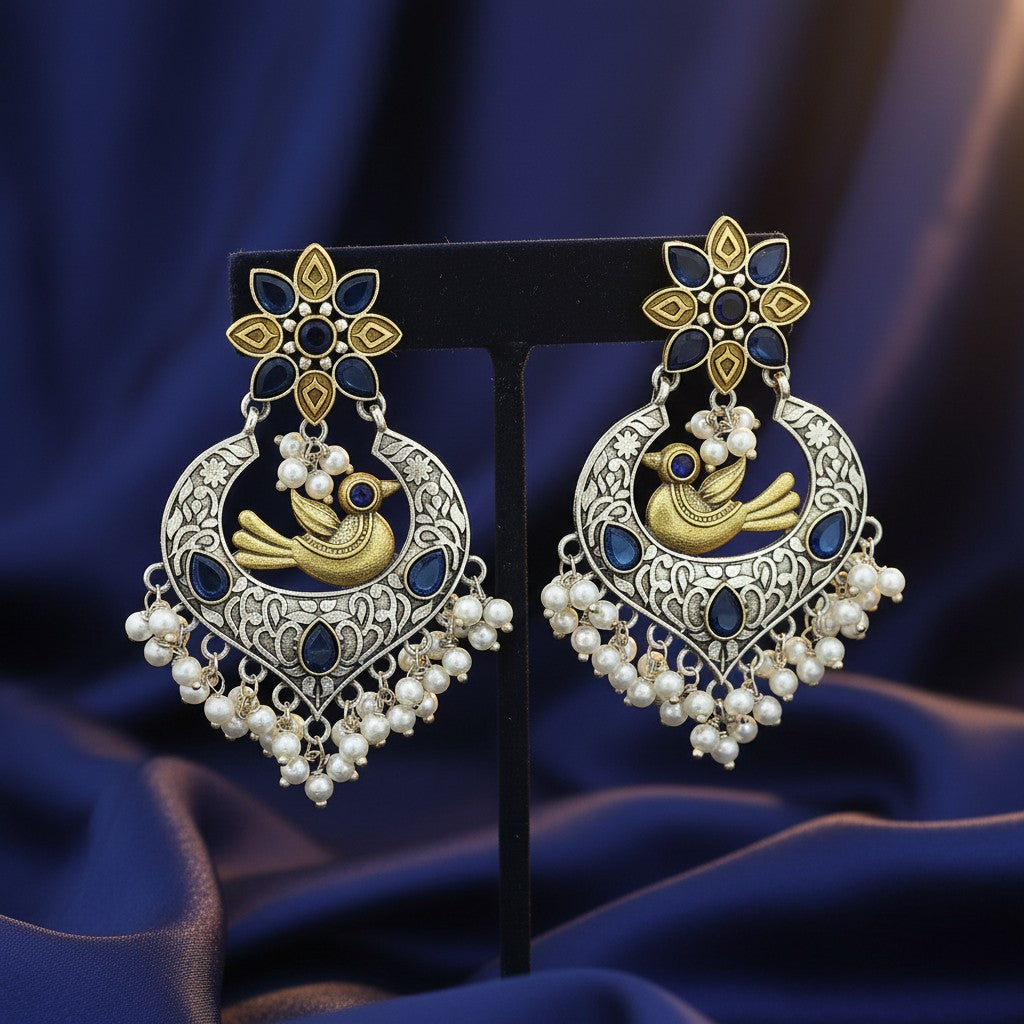 809597 Oxidised Classic Earring With 2 Tone Plating-Blue