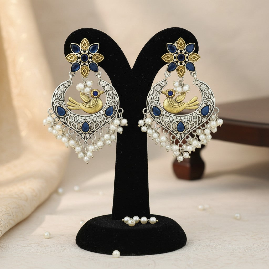 809597 Oxidised Classic Earring With 2 Tone Plating-Blue