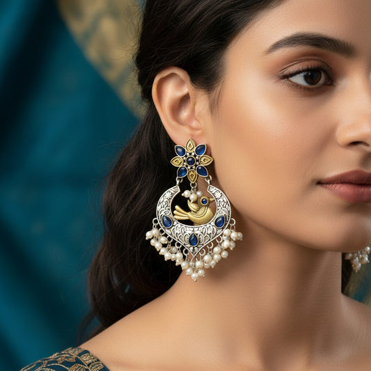 809597 Oxidised Classic Earring With 2 Tone Plating-Blue