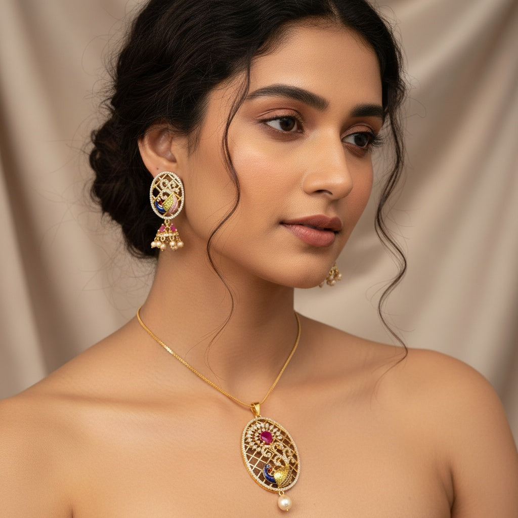 98759-PS-American Diamond Delicate Pendant Set With Gold Plating with Meenakari