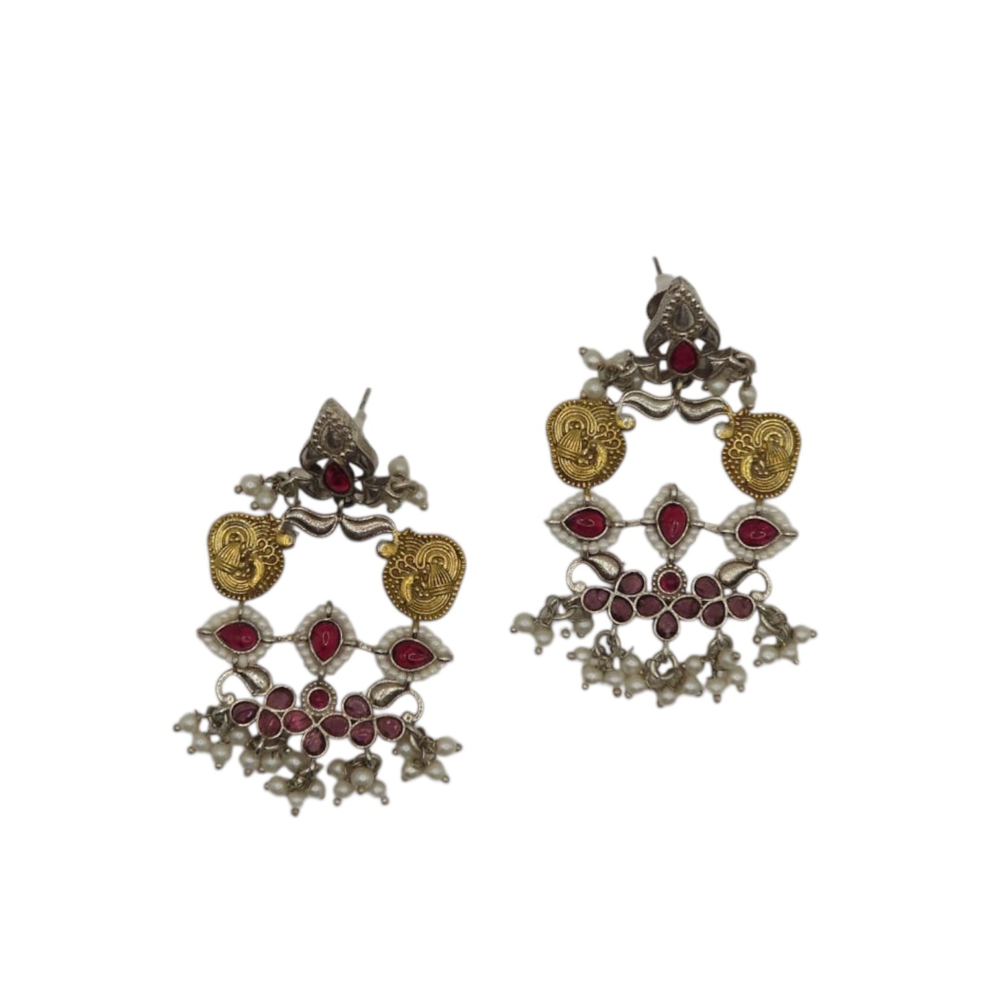 809225 Oxidised Earrings With 2 Tone Plating-Ruby