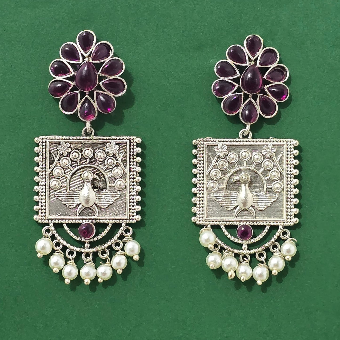 809673 Moti Earring With Oxidised Plating-Ruby