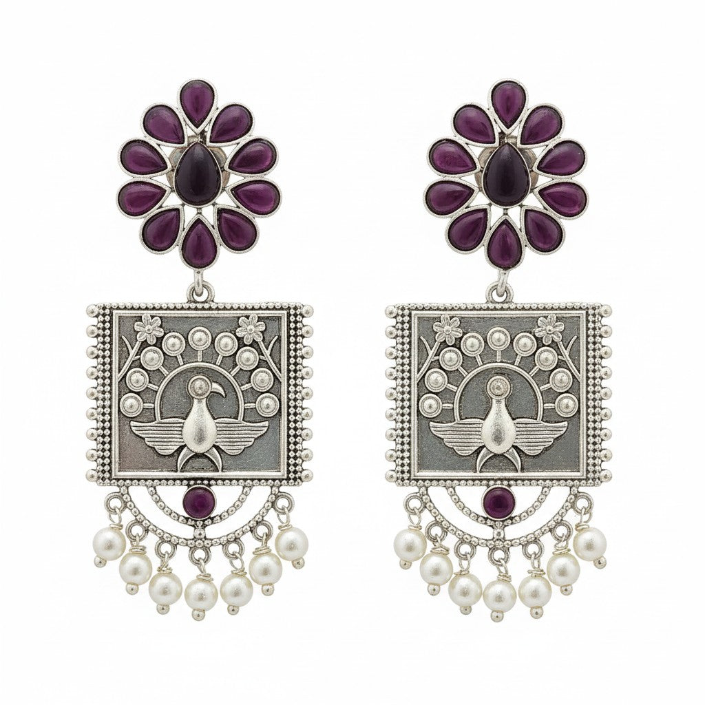 809673 Moti Earring With Oxidised Plating-Ruby