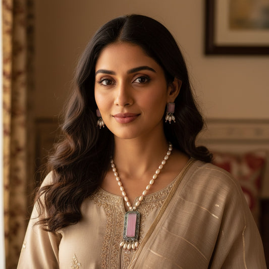 803866 Classic Pendant Set With Oxidised Plating-Pink