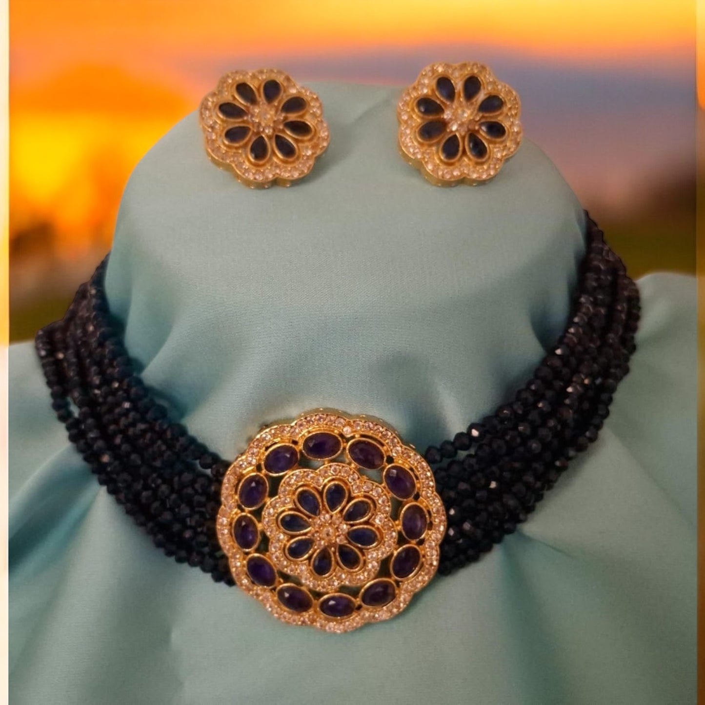 35295 Cz Delicate Chokar Set Dark Blue