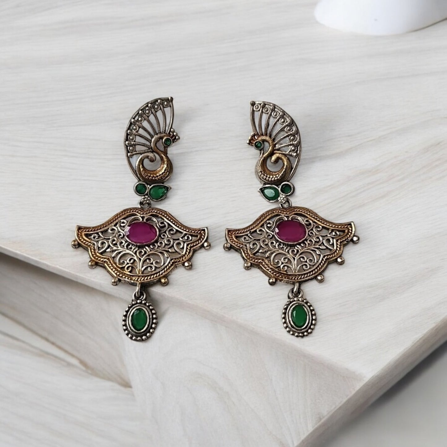 808915 Pretty Precious Fashion Oxidised Silver Stylish Party Wear Earrings for Women and Girls-Rubygreen