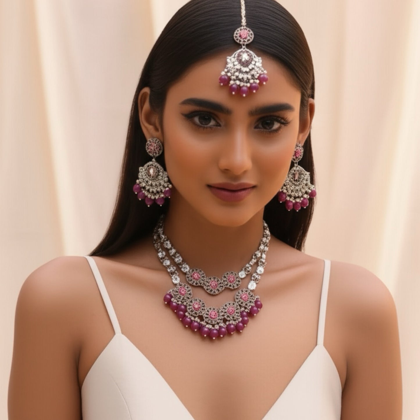 110844 Indo Western Long Necklace With Gold Plating-Purple