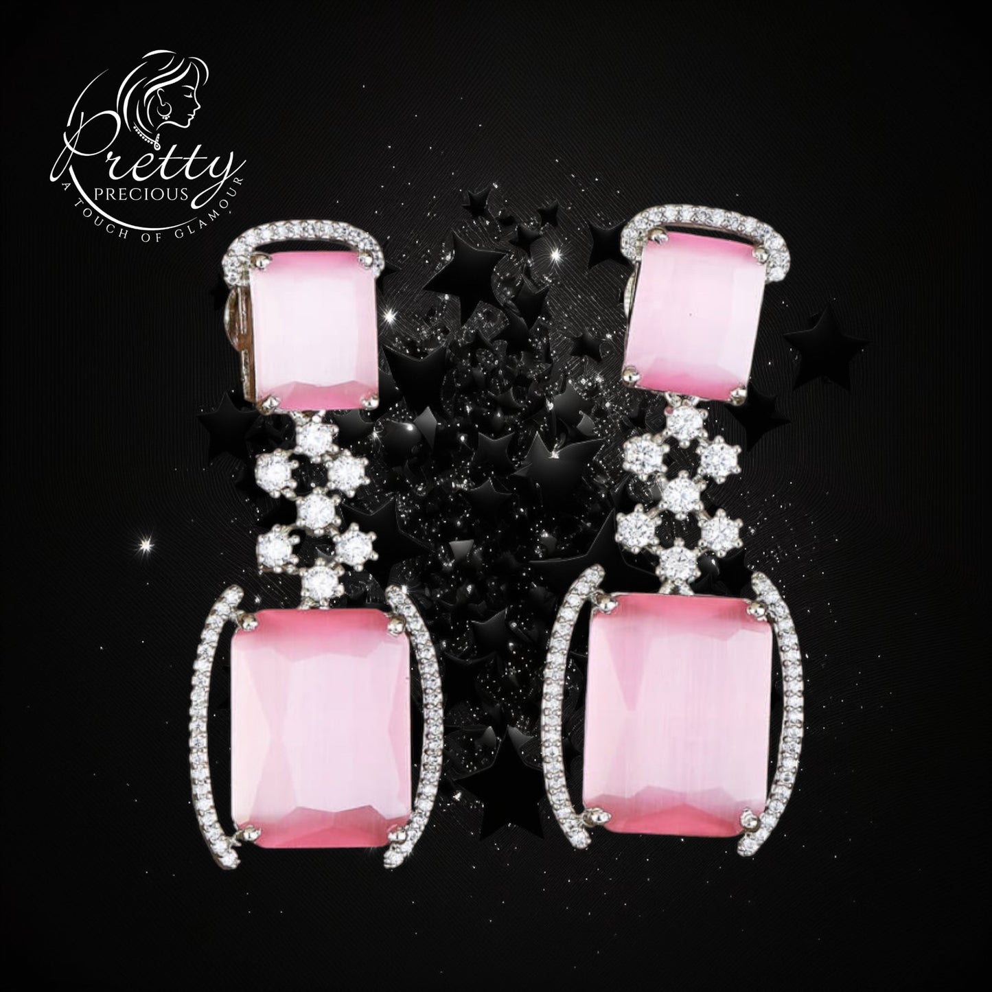 427980 Cubic Zirconia Short Earring With Rhodium Plating-Pink