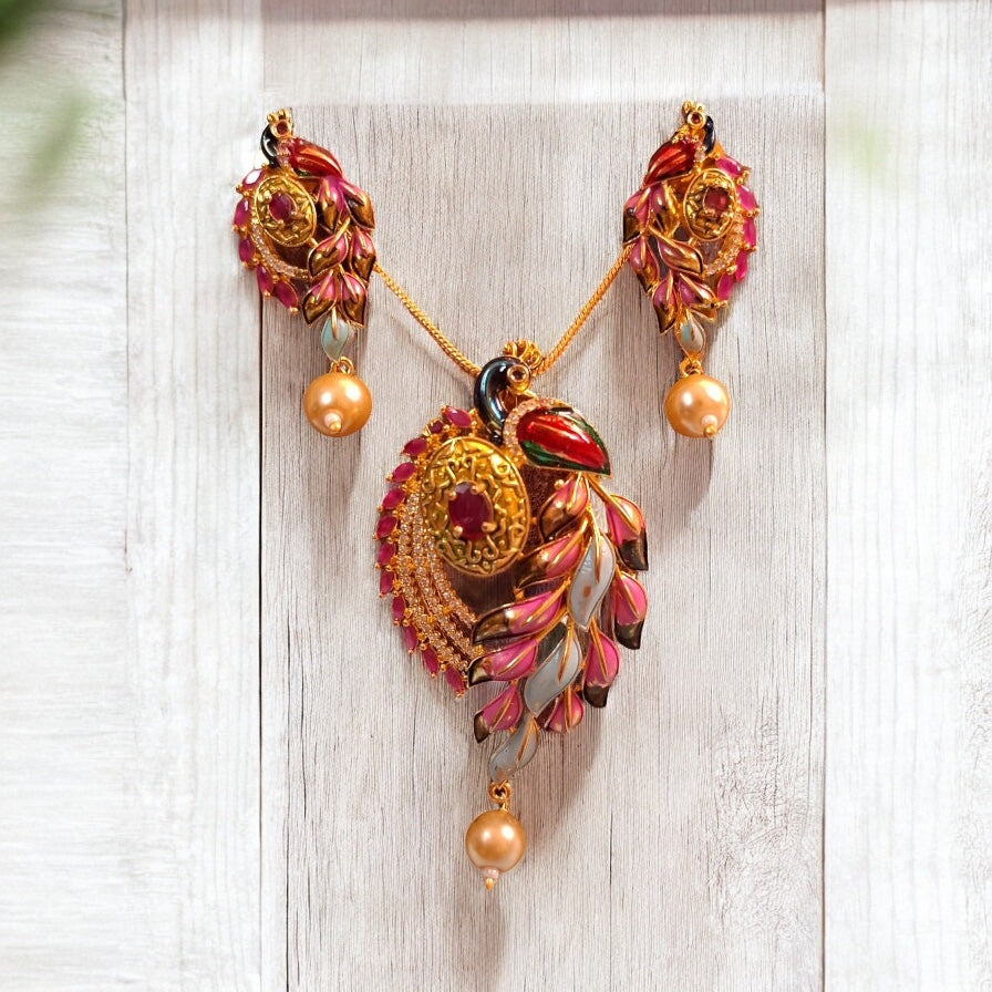 96409-PS-American Diamond Delicate Pendant Set With Gold Plating with Meenakari