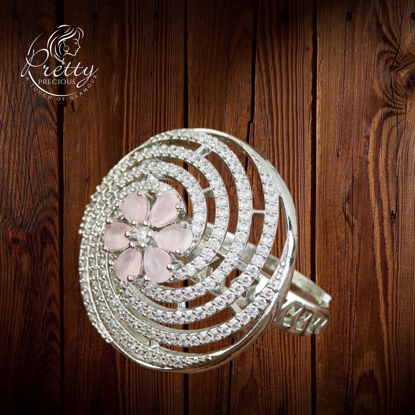 428283 Cz Adjustable Ring With Rhodium Plating-Pink