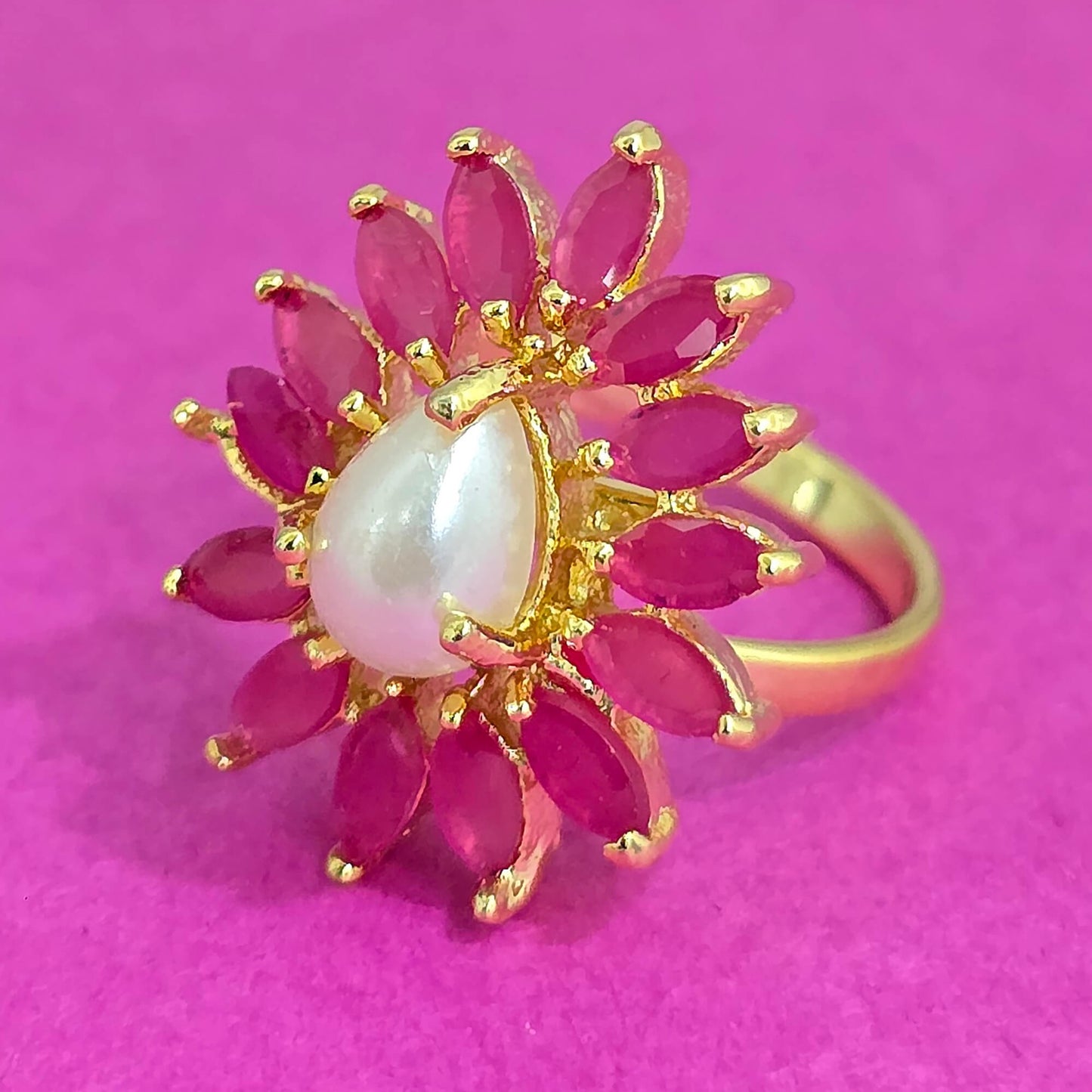 439160 Cubic Zirconia Adjustable Ring With Gold Plating-Ruby