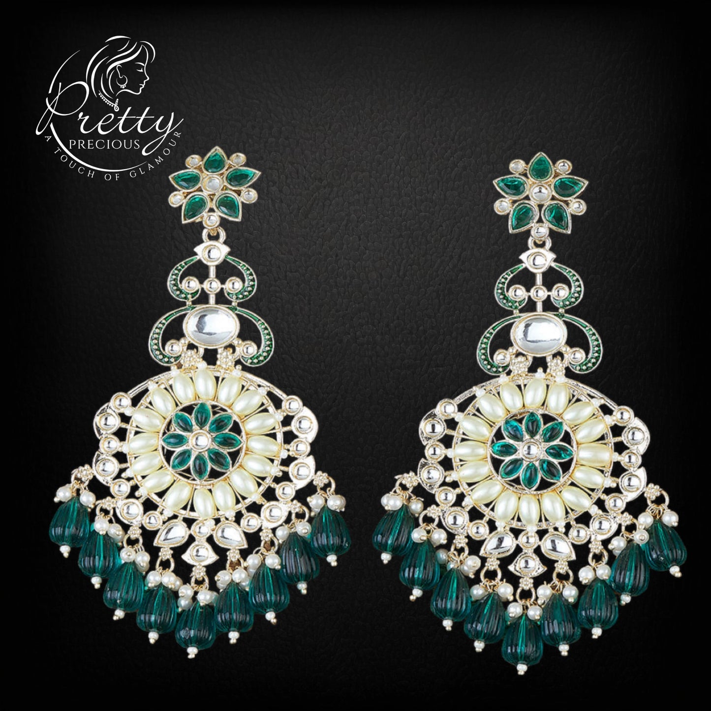 110860 Indo Western Beads Earring With Gold Plating-Green