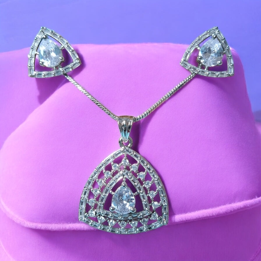 91909-PS-American Diamond Delicate Pendant Set With Rhodium Plating-Design 1