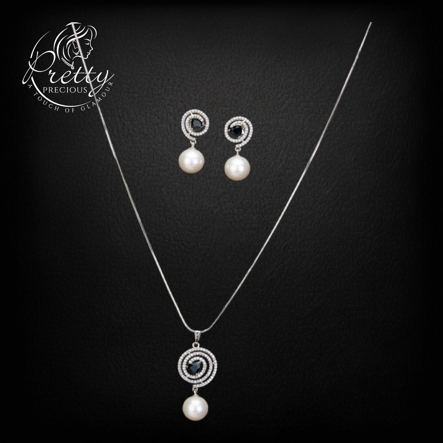 430606 Cubic Zirconia Pearl Pendant Set With Rhodium Plating-Black