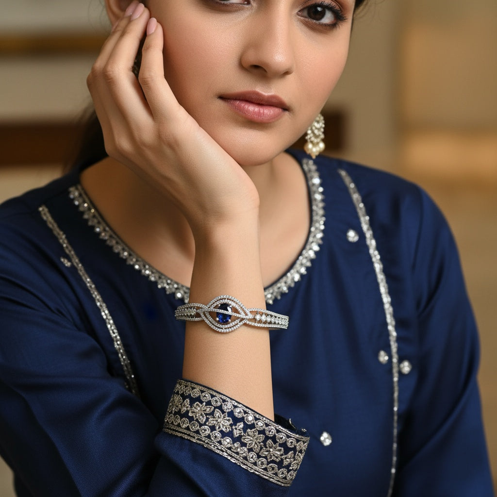 438651 Cubic Zirconia Openable Kada With Rhodium Plating-Blue