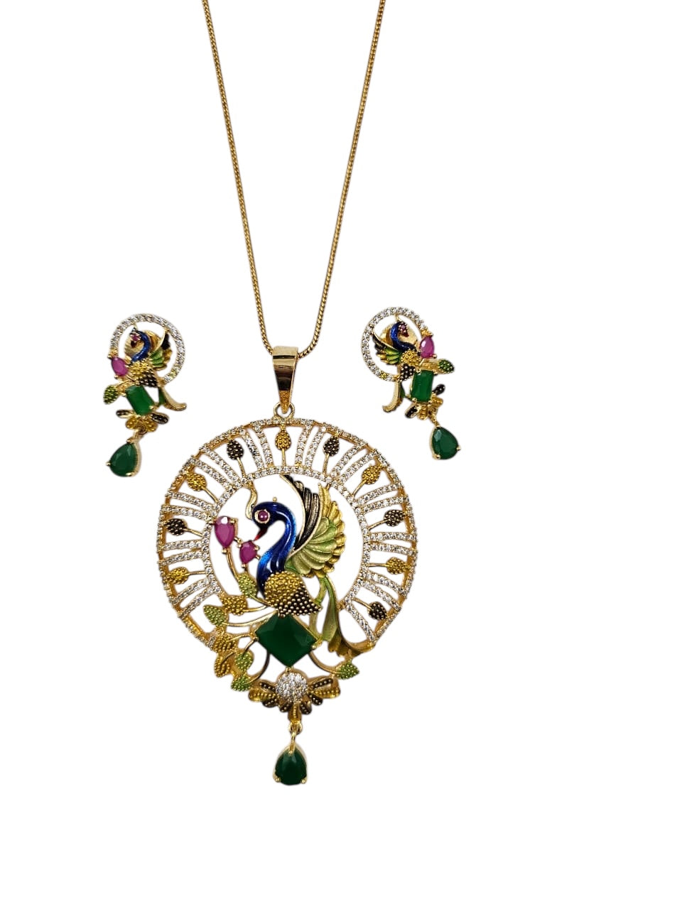 1051-American Diamond Delicate Pendant Set -Green