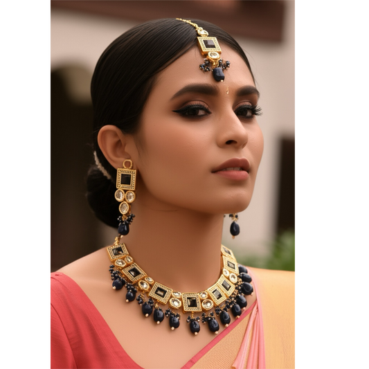 25925 Necklace Set-Indowestern Dark Blue