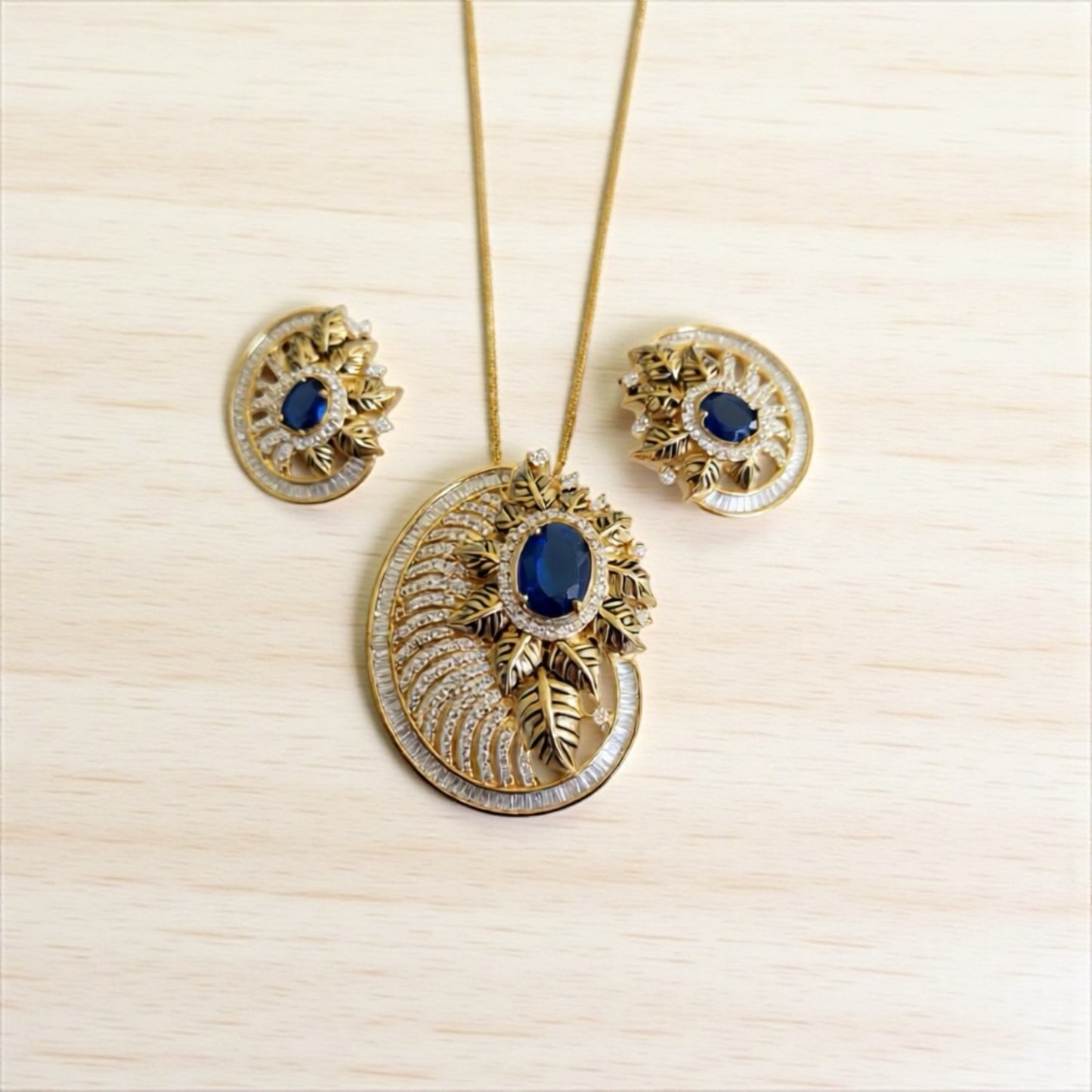 98009-PS-American Diamond Delicate Pendant Set With Gold Plating-Dark Blue