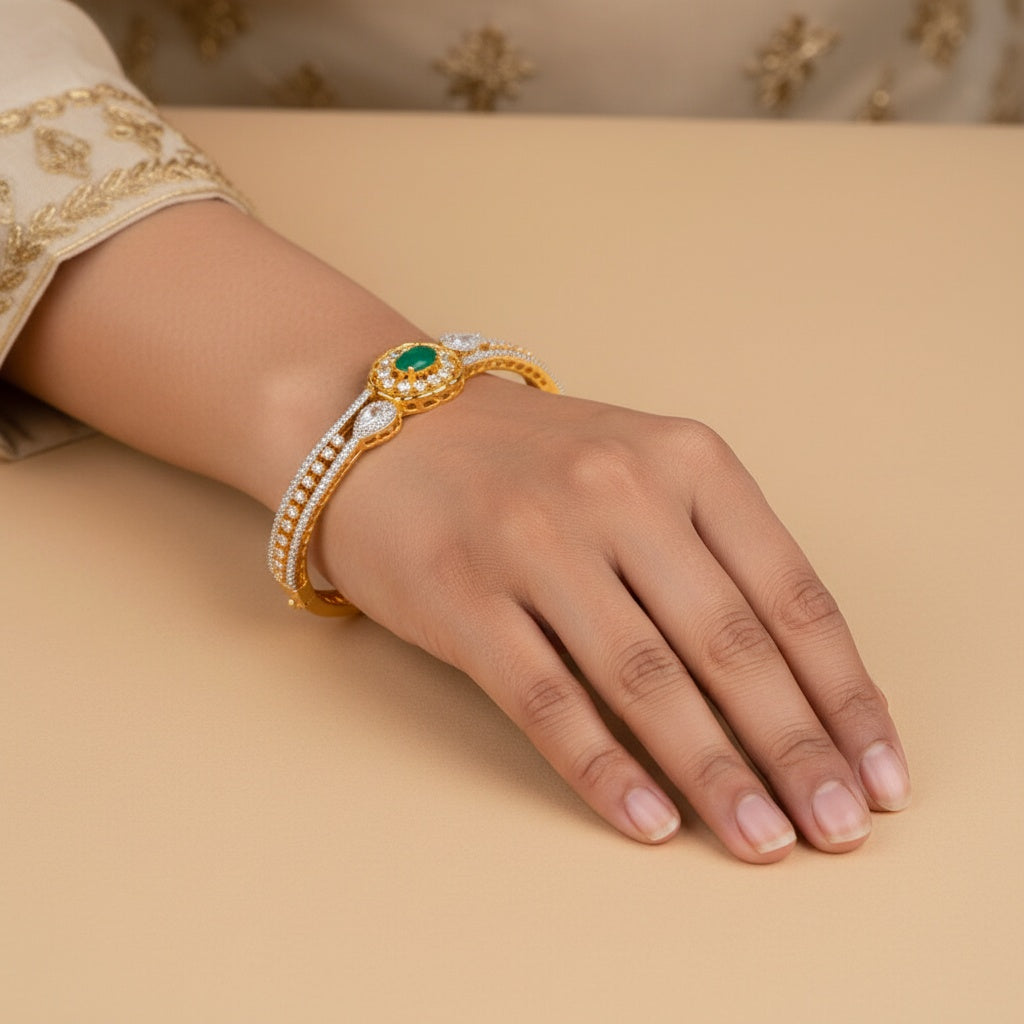 436212 Cubic Zirconia Openable Kada With 2 Tone Plating-Green