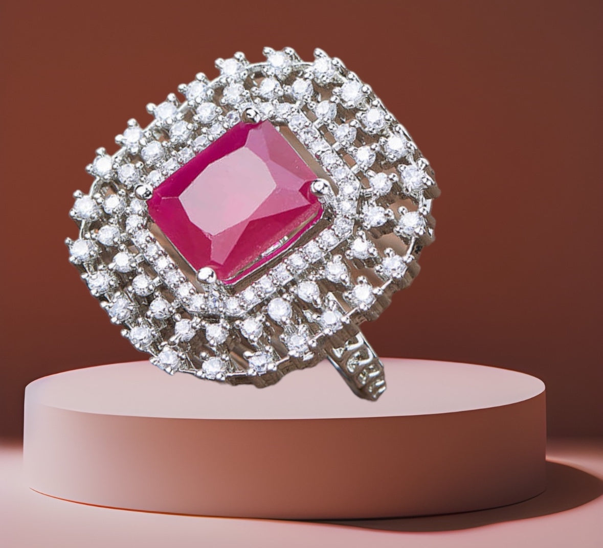 427780 Cubic Zirconia Adjustable Ring With Rhodium Plating-Ruby