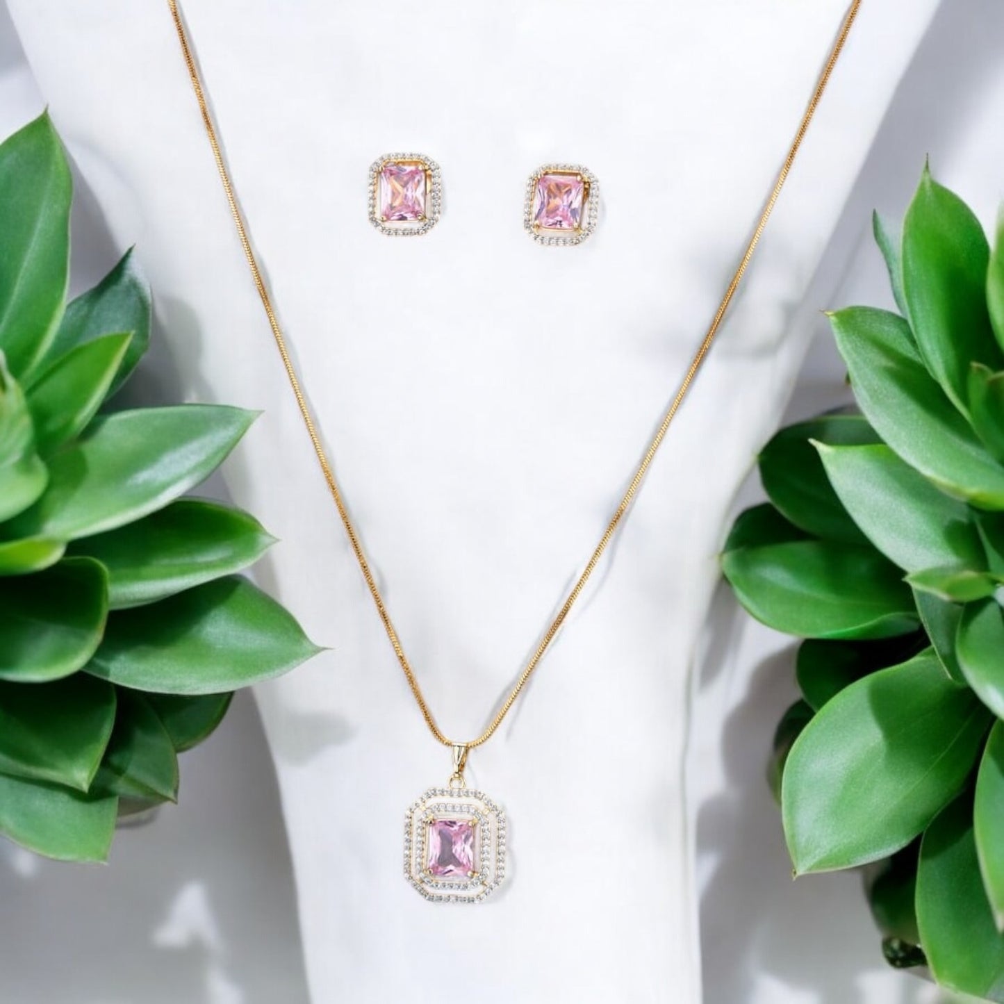 431223-American Diamond Delicate Pendant Set With Gold Plating-Hydra Pink