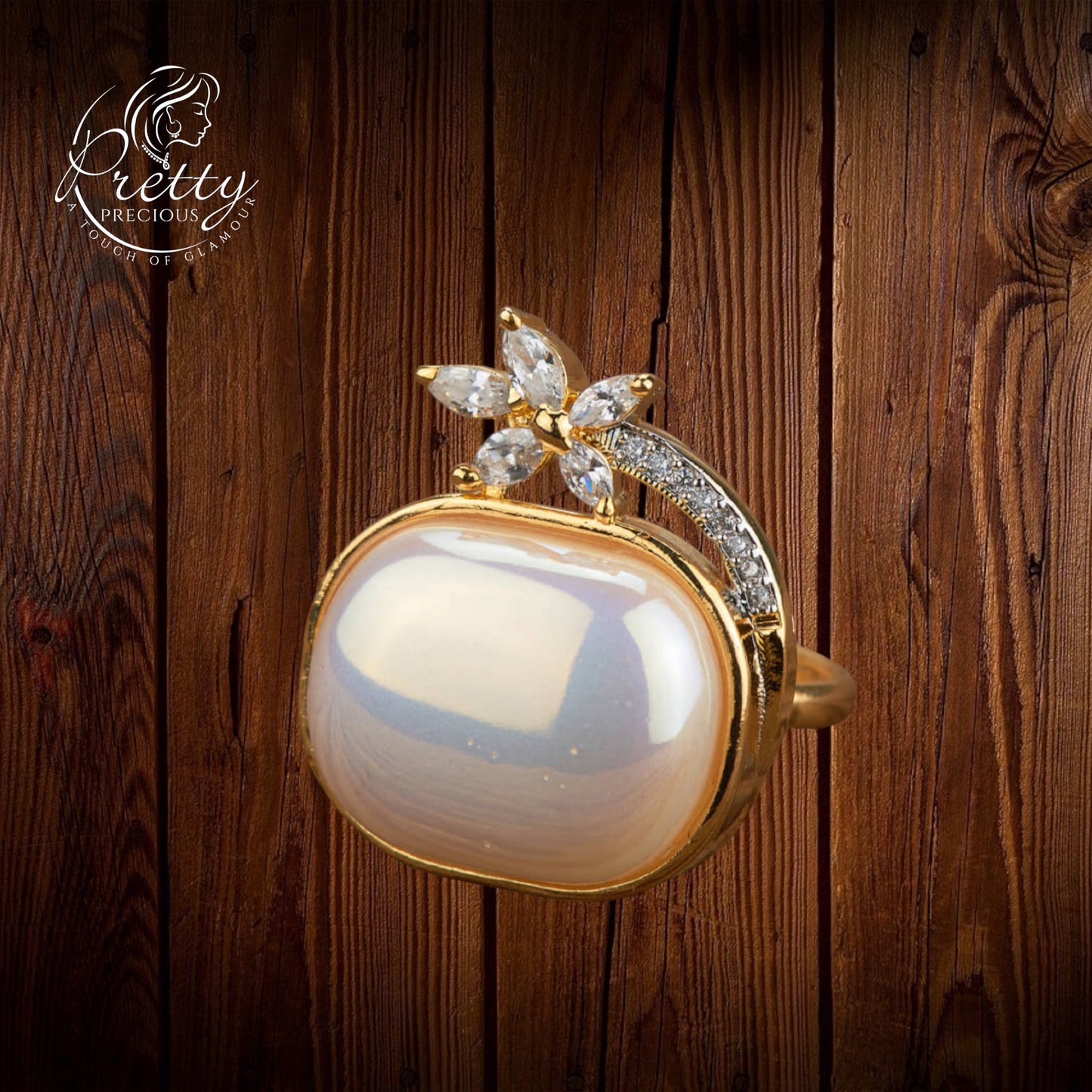 430122-Cz Pearl Ring With Rhodium 2 Tone Plating-2 Tone