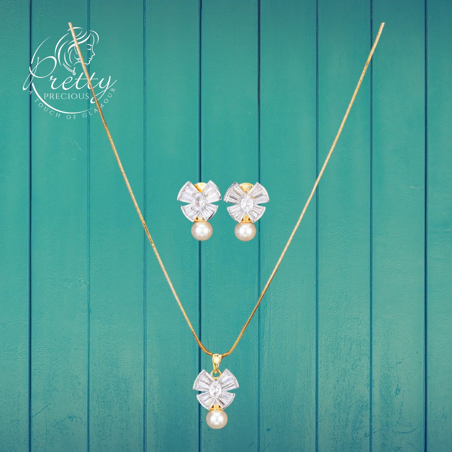 424749 Cubic Zirconia Classic Pendant Set With 2 Tone Plating-White