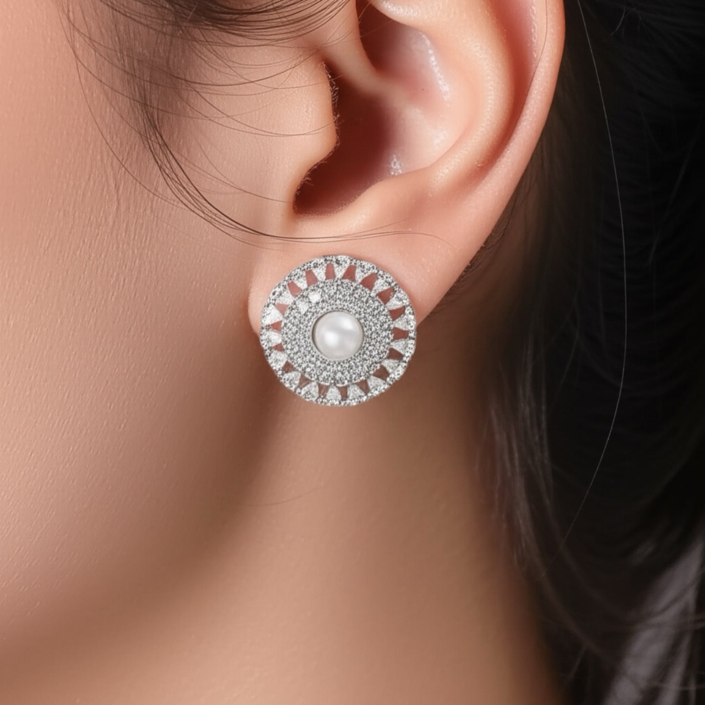 431823 Cz Pearl Tops With Rhodium 2 Tone Plating