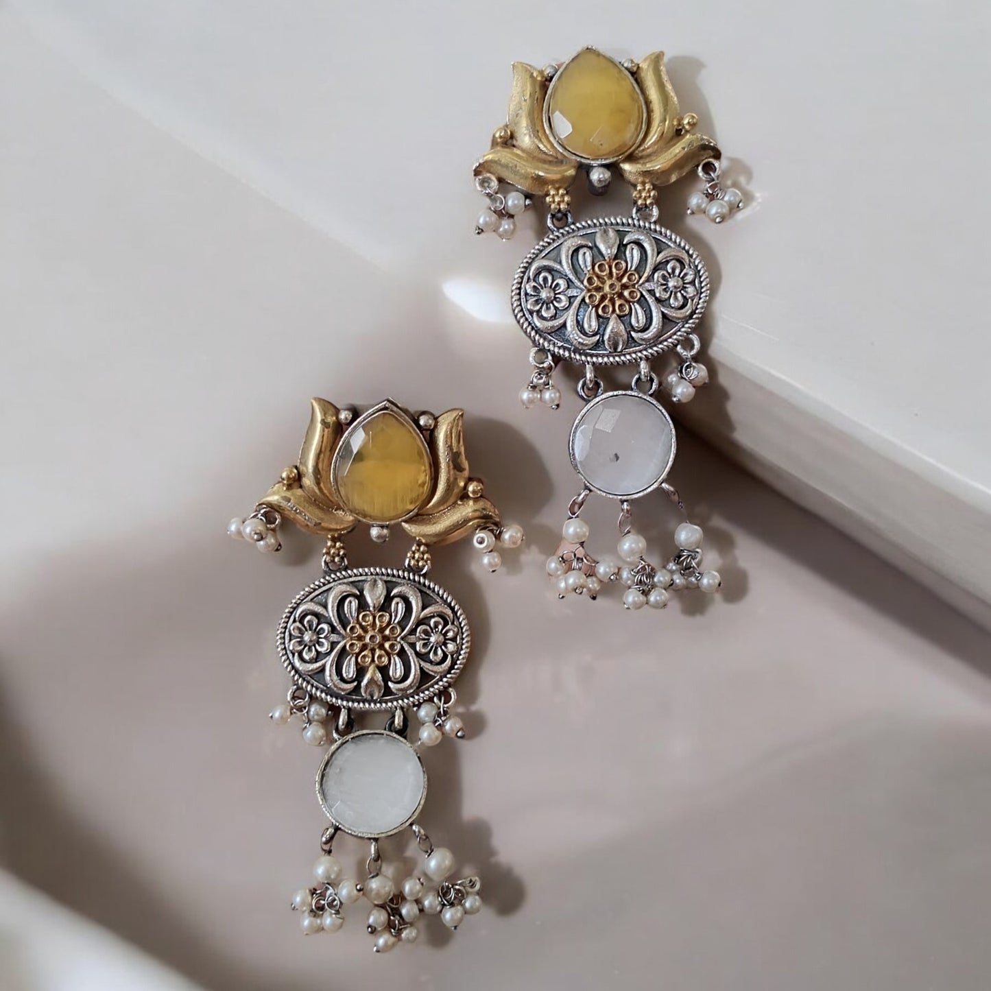 94209-ERO Pretty Precious Fashion Oxidised Silver Stylish Party Wear Earrings for Women and Girls-Yellow