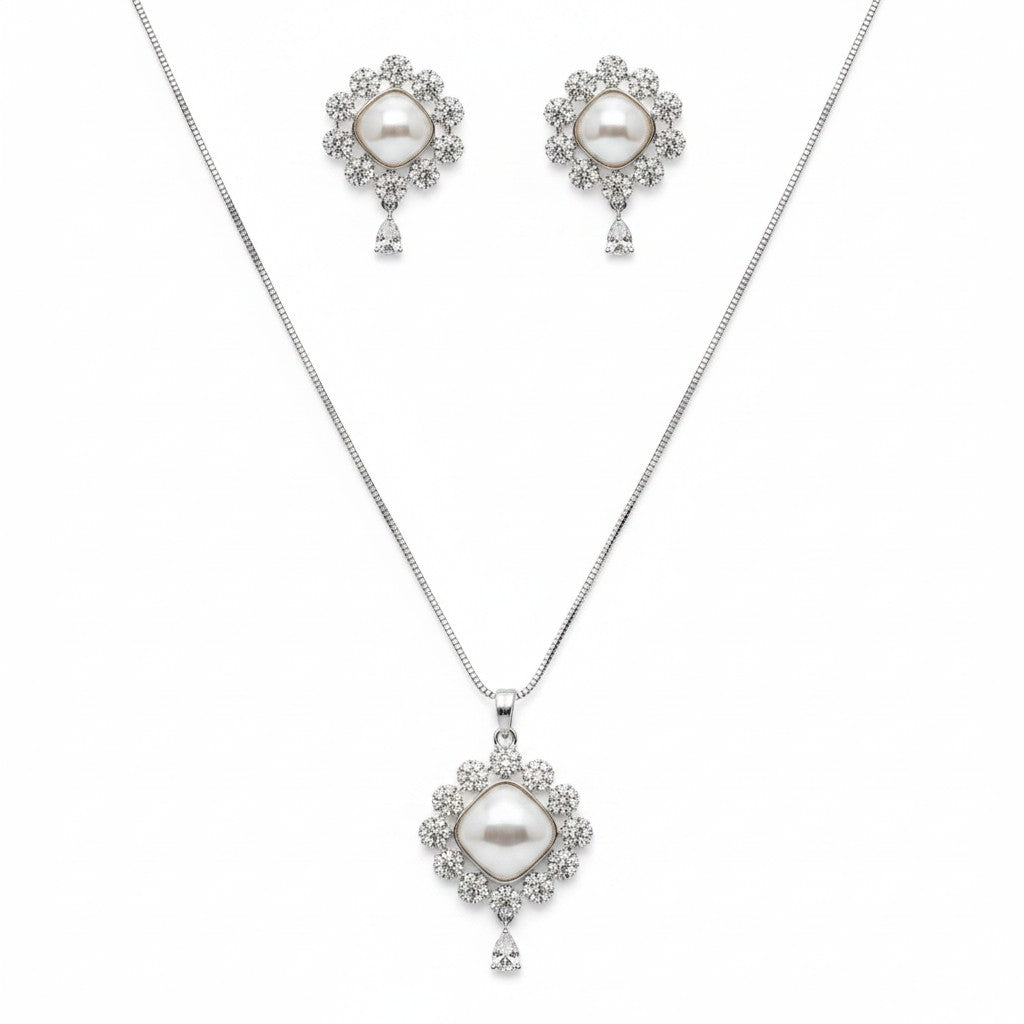 1566-PRETTY PRECIOUS Rodhium-Plated American Diamond Pendant Set with Earrings for Women and Girls, with Chain-White Pearl