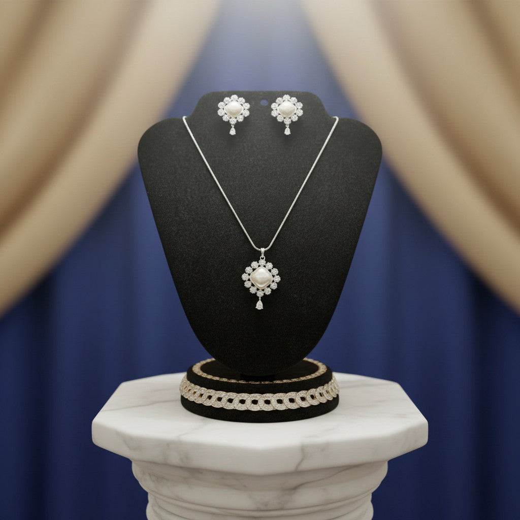 1566-PRETTY PRECIOUS Rodhium-Plated American Diamond Pendant Set with Earrings for Women and Girls, with Chain-White Pearl
