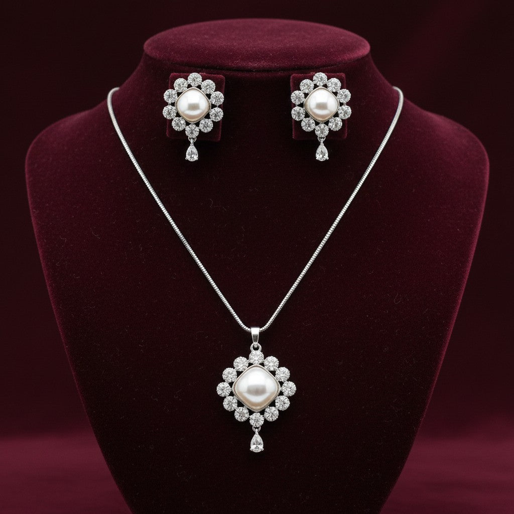 1566-PRETTY PRECIOUS Rodhium-Plated American Diamond Pendant Set with Earrings for Women and Girls, with Chain-White Pearl