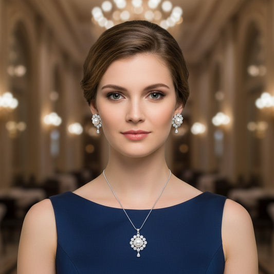1566-PRETTY PRECIOUS Rodhium-Plated American Diamond Pendant Set with Earrings for Women and Girls, with Chain-White Pearl