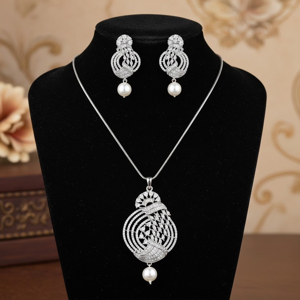 1567-PRETTY PRECIOUS Rodhium-Plated American Diamond Pendant Set with Earrings for Women and Girls, with Chain-White Pearl
