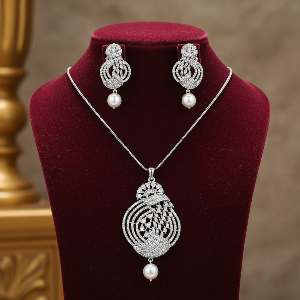 1567-PRETTY PRECIOUS Rodhium-Plated American Diamond Pendant Set with Earrings for Women and Girls, with Chain-White Pearl