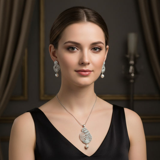 1567-PRETTY PRECIOUS Rodhium-Plated American Diamond Pendant Set with Earrings for Women and Girls, with Chain-White Pearl