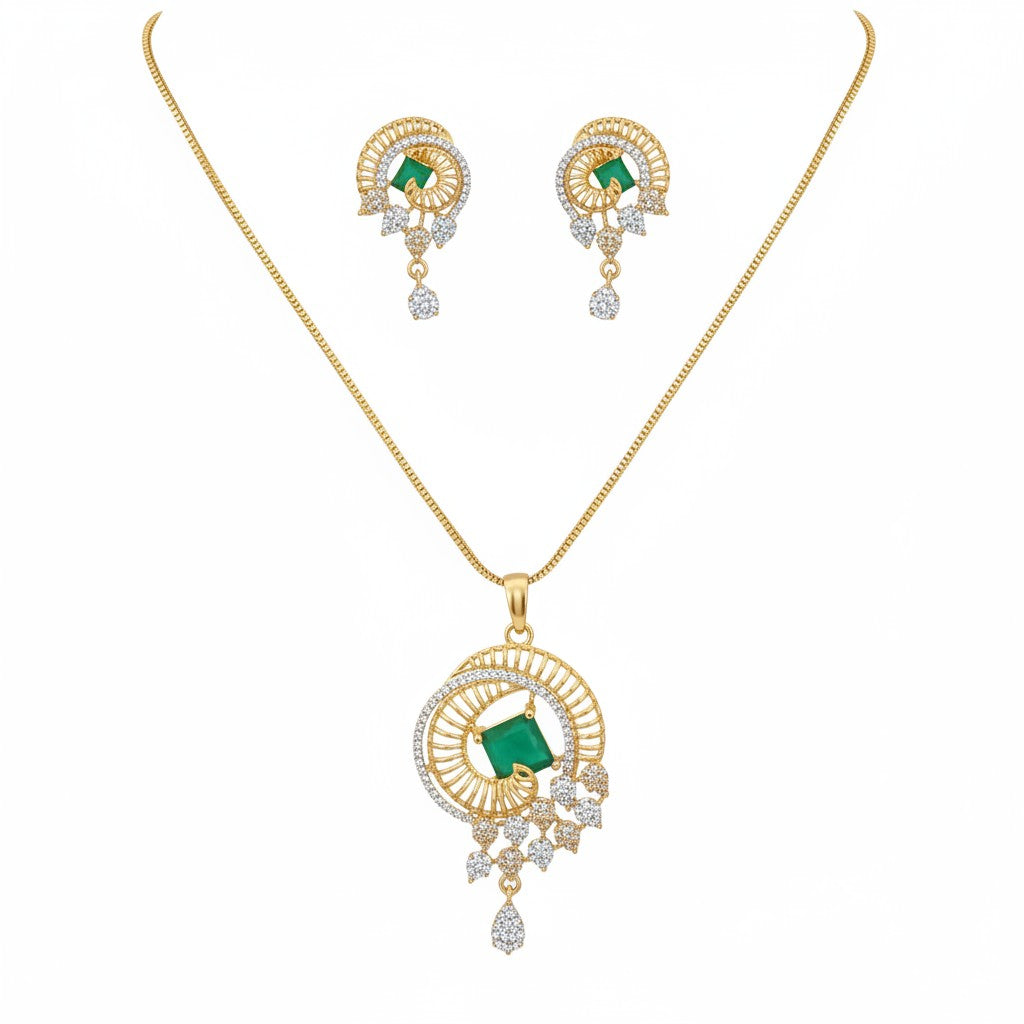 1568-Pretty Precious AD Two Tone Pendant Set for Women | American Diamond Pendant with Earrings & Chain | Elegant Party, Wedding & Daily Wear Jewellery-Green